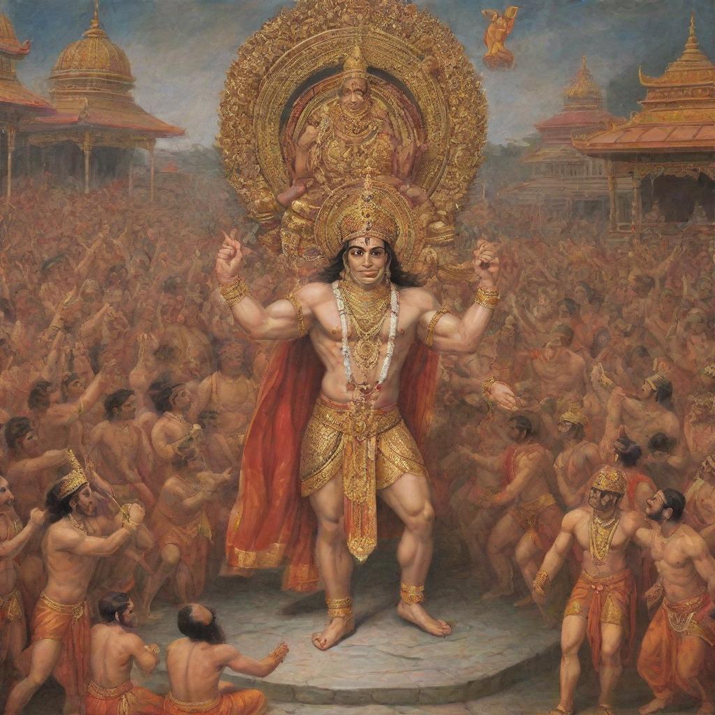 An epic scene where Hanuman powerfully clenches his fist at Ravan in a richly decorated, bustling royal court filled with spectators in traditional attire