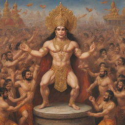 An epic scene where Hanuman powerfully clenches his fist at Ravan in a richly decorated, bustling royal court filled with spectators in traditional attire