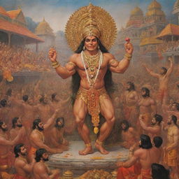 An epic scene where Hanuman powerfully clenches his fist at Ravan in a richly decorated, bustling royal court filled with spectators in traditional attire