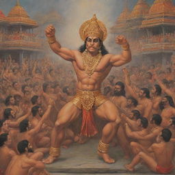 An epic scene where Hanuman powerfully clenches his fist at Ravan in a richly decorated, bustling royal court filled with spectators in traditional attire