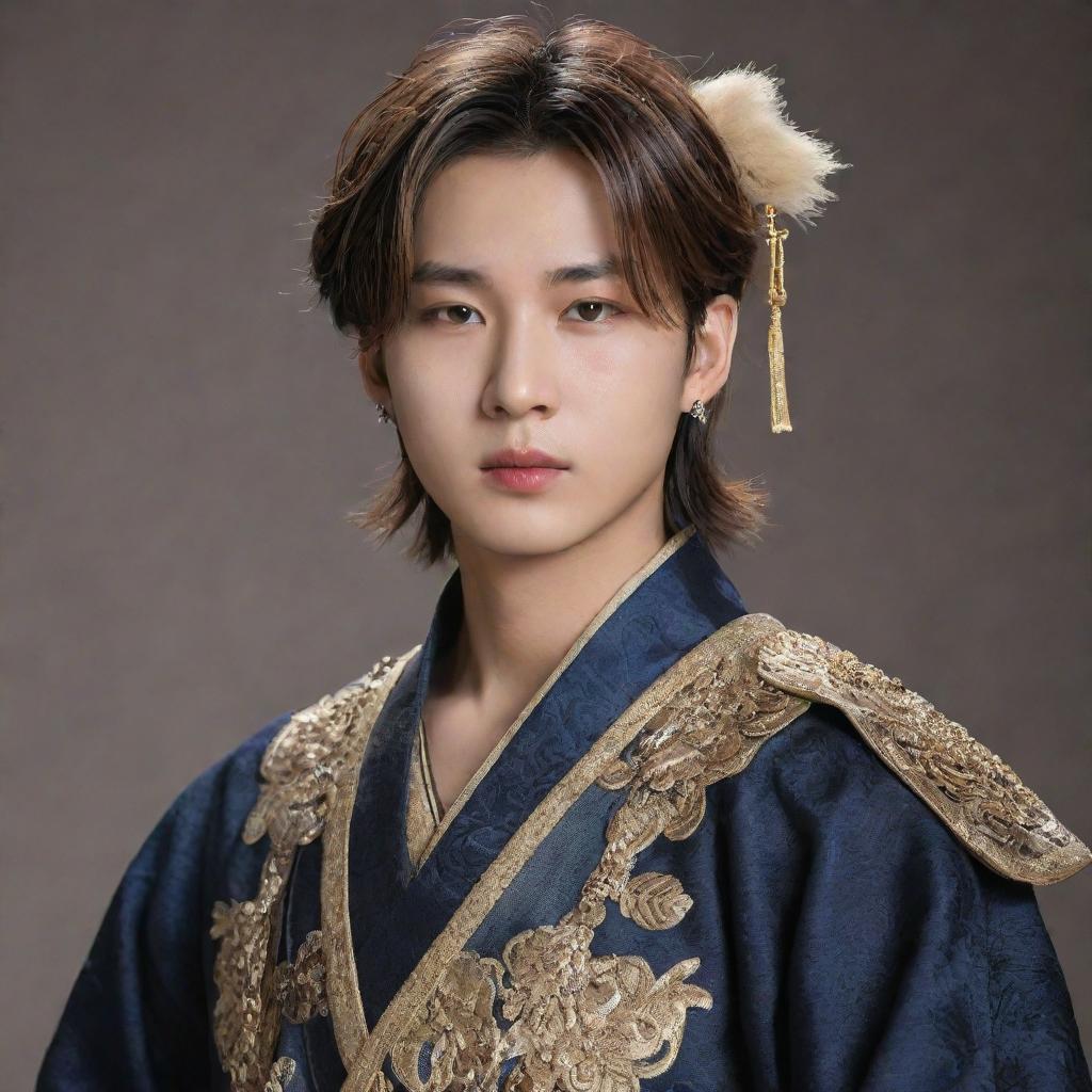 A realistic portrait of Han Jisung, a member of South Korean boy band Stray Kids, donned in detailed and luxurious warrior attire typical of ancient Korean warriors.