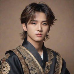 A realistic portrait of Han Jisung, a member of South Korean boy band Stray Kids, donned in detailed and luxurious warrior attire typical of ancient Korean warriors.