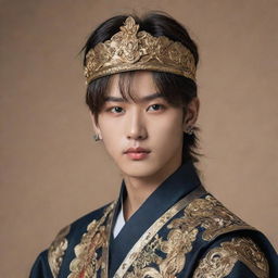 A realistic portrait of Han Jisung, a member of South Korean boy band Stray Kids, donned in detailed and luxurious warrior attire typical of ancient Korean warriors.