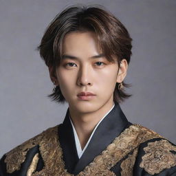 A realistic portrait of Han Jisung, a member of South Korean boy band Stray Kids, donned in detailed and luxurious warrior attire typical of ancient Korean warriors.