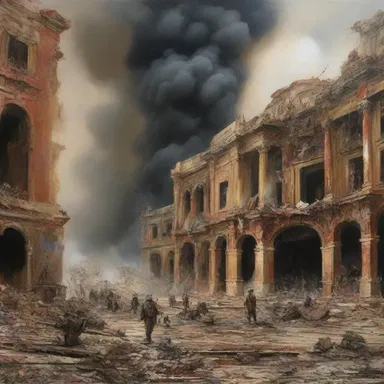 The artist painted a captivating scene of a theater of war, capturing the chaos and destruction that comes with armed conflict.