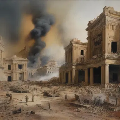 The artist painted a captivating scene of a theater of war, capturing the chaos and destruction that comes with armed conflict.