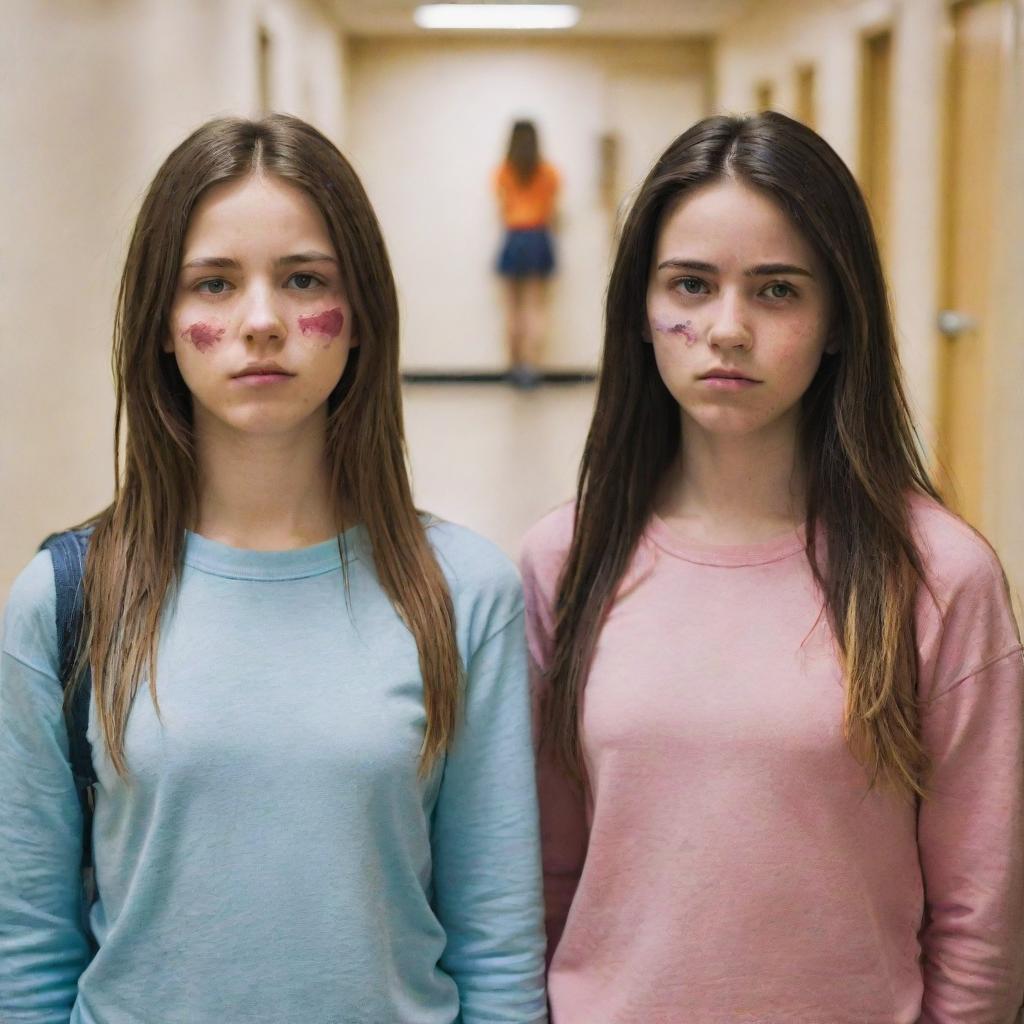 Two versions of the same girl in a school hallway, torn between two worlds. To the left, a girl in darker shades symbolizing a toxic past. To the right, a brighter, more vibrant girl reflecting self-improvement. Their faces are expressive, exuding both regret and determination.