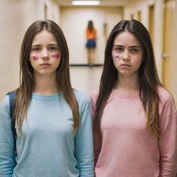 Two versions of the same girl in a school hallway, torn between two worlds. To the left, a girl in darker shades symbolizing a toxic past. To the right, a brighter, more vibrant girl reflecting self-improvement. Their faces are expressive, exuding both regret and determination.