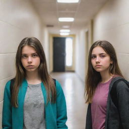 Two versions of the same girl in a school hallway, torn between two worlds. To the left, a girl in darker shades symbolizing a toxic past. To the right, a brighter, more vibrant girl reflecting self-improvement. Their faces are expressive, exuding both regret and determination.