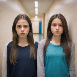 Two versions of the same girl in a school hallway, torn between two worlds. To the left, a girl in darker shades symbolizing a toxic past. To the right, a brighter, more vibrant girl reflecting self-improvement. Their faces are expressive, exuding both regret and determination.