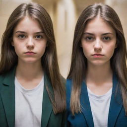 Two versions of the same girl in a school hallway, torn between two worlds. To the left, a girl in darker shades symbolizing a toxic past. To the right, a brighter, more vibrant girl reflecting self-improvement. Their faces are expressive, exuding both regret and determination.