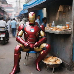 Iron Man in his iconic suit sitting at a street-side stall, indulging in a plate of delicious wadapav with intricate details of the food and his surroundings.