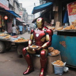 Iron Man in his iconic suit sitting at a street-side stall, indulging in a plate of delicious wadapav with intricate details of the food and his surroundings.