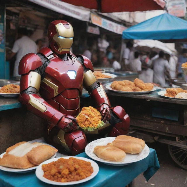 Iron Man in his iconic suit sitting at a street-side stall, indulging in a plate of delicious wadapav with intricate details of the food and his surroundings.