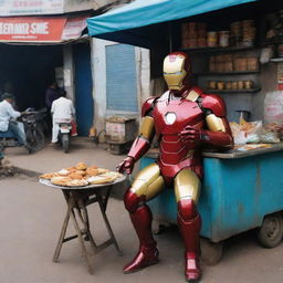 Iron Man in his iconic suit sitting at a street-side stall, indulging in a plate of delicious wadapav with intricate details of the food and his surroundings.