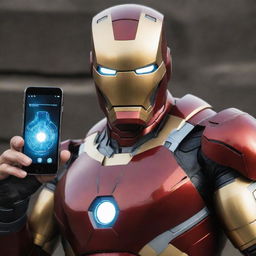 Iron Man in his helmet-off mode, intensely using an iqoo Neo smartphone, with close up details of the phone and his suit.