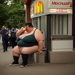 A cheerful individual with a larger build enthusiastically enjoying a McDonald's meal, with a glistening Big Mac, crispy french fries, and a gleaming red Coca Cola in a bustling urban setting.