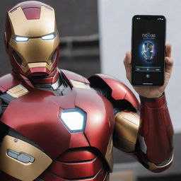 Iron Man in his helmet-off mode, intensely using an iqoo Neo smartphone, with close up details of the phone and his suit.