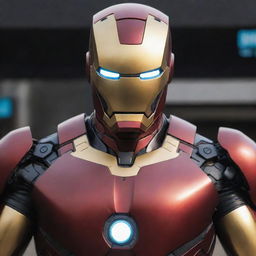 Iron Man in his helmet-off mode, intensely using an iqoo Neo smartphone, with close up details of the phone and his suit.