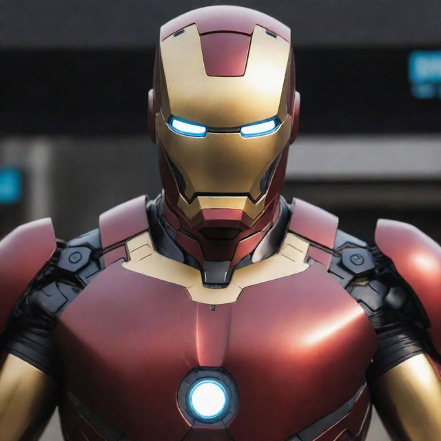 Iron Man in his helmet-off mode, intensely using an iqoo Neo smartphone, with close up details of the phone and his suit.