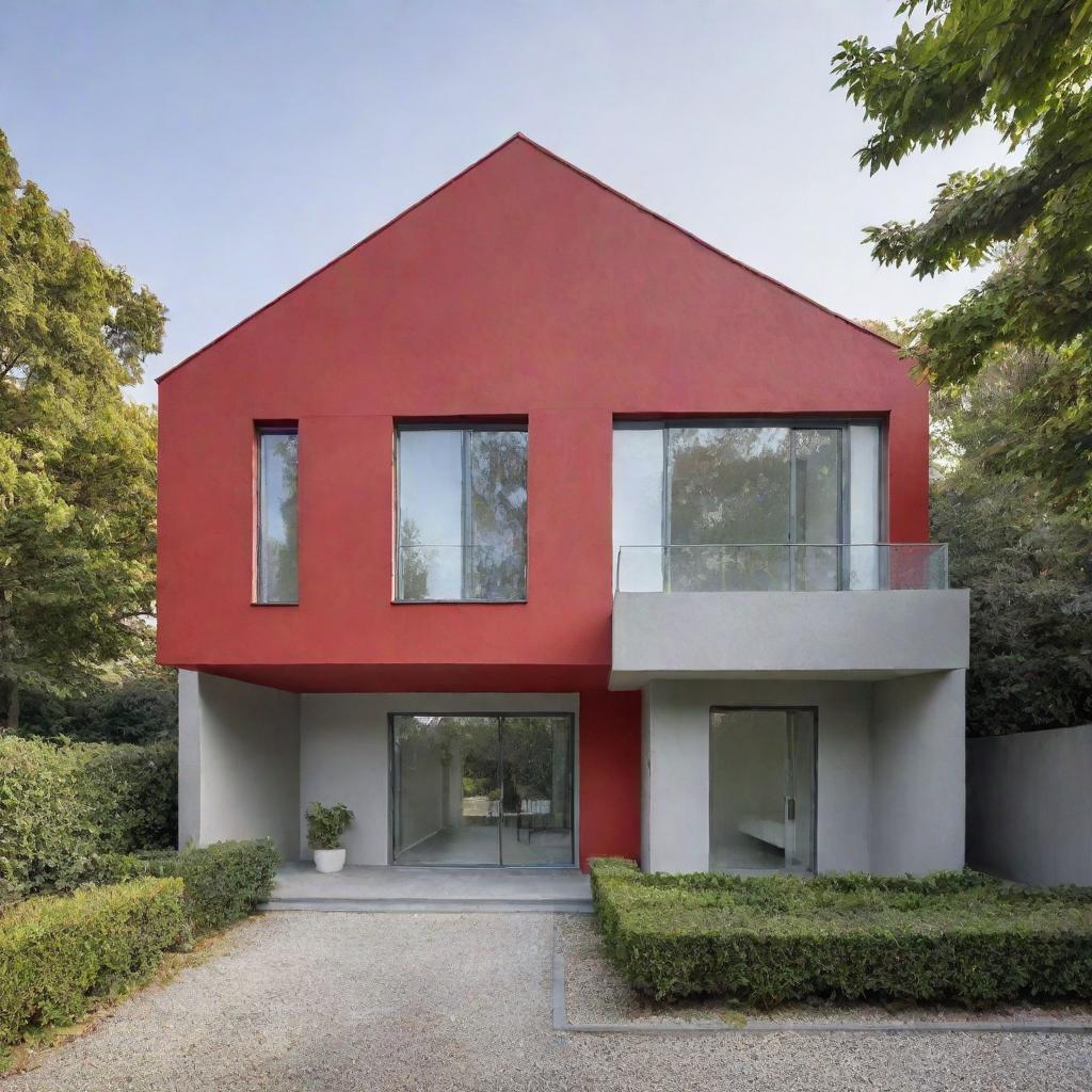 A charming house with the primary color being light red, complemented by walls coated with a sleek light grey paint.