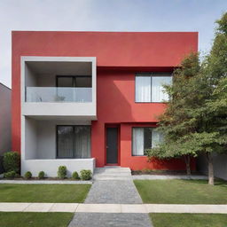 A charming house with the primary color being light red, complemented by walls coated with a sleek light grey paint.