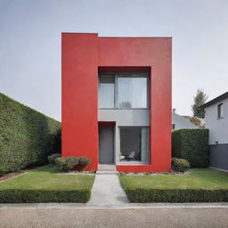 A charming house with the primary color being light red, complemented by walls coated with a sleek light grey paint.