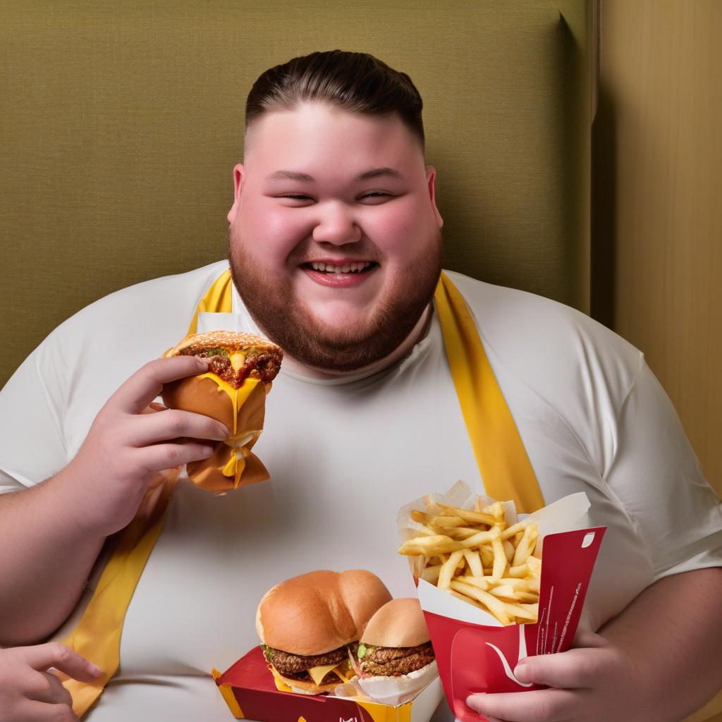 A cheerful individual with a larger build enthusiastically enjoying a McDonald's meal, with a glistening Big Mac, crispy french fries, and a gleaming red Coca Cola in a bustling urban setting.