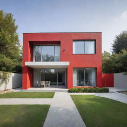 A charming house with the primary color being light red, complemented by walls coated with a sleek light grey paint.