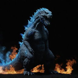 A fierce Godzilla exuding blue fire against a stark black background