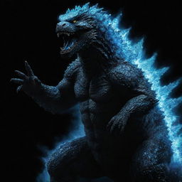 A fierce Godzilla exuding blue fire against a stark black background