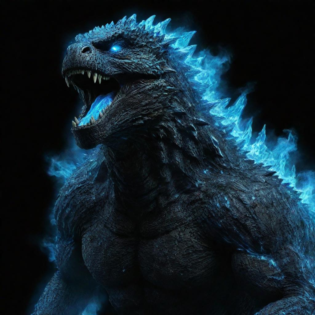 A fierce Godzilla exuding blue fire against a stark black background