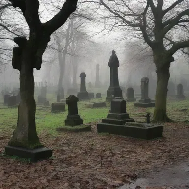The eerie atmosphere of the abandoned graveyard was intensified by the sight of a dilapidated hackney nearby.