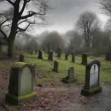 The eerie atmosphere of the abandoned graveyard was intensified by the sight of a dilapidated hackney nearby.
