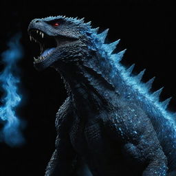 A fierce Godzilla exuding blue fire against a stark black background