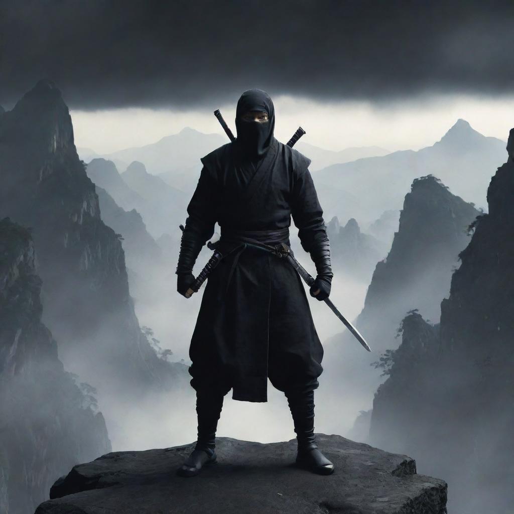 A menacing black ninja with a sword, standing in a horrifying and terrific scenery