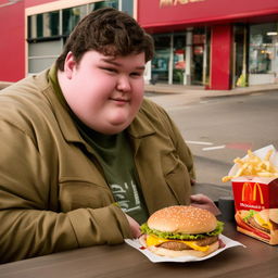 A cheerful individual with a larger build enthusiastically enjoying a McDonald's meal, with a glistening Big Mac, crispy french fries, and a gleaming red Coca Cola in a bustling urban setting.