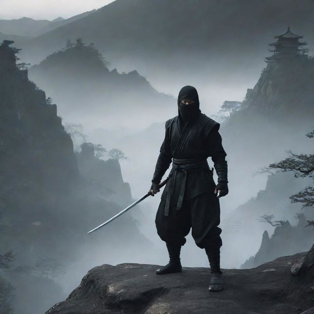 A menacing black ninja with a sword, standing in a horrifying and terrific scenery