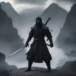 A menacing black ninja with a sword, standing in a horrifying and terrific scenery