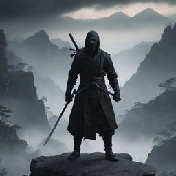 A menacing black ninja with a sword, standing in a horrifying and terrific scenery