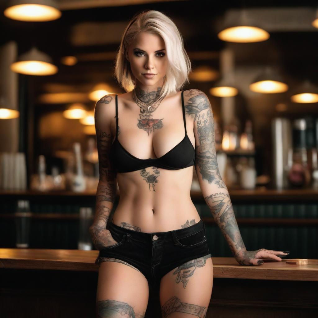 This is a high-quality photograph of an attractive blonde woman with tattoos at a bar