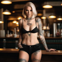 This is a high-quality photograph of an attractive blonde woman with tattoos at a bar