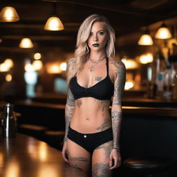This is a high-quality photograph of an attractive blonde woman with tattoos at a bar