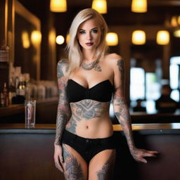 This is a high-quality photograph of an attractive blonde woman with tattoos at a bar
