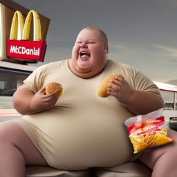 A cheerful individual with a larger build enthusiastically enjoying a McDonald's meal, with a glistening Big Mac, crispy french fries, and a gleaming red Coca Cola in a bustling urban setting.