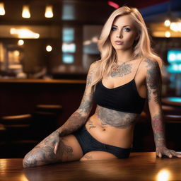 This high-quality, realistic photograph showcases a strikingly attractive woman with long blonde hair and intricate tattoos