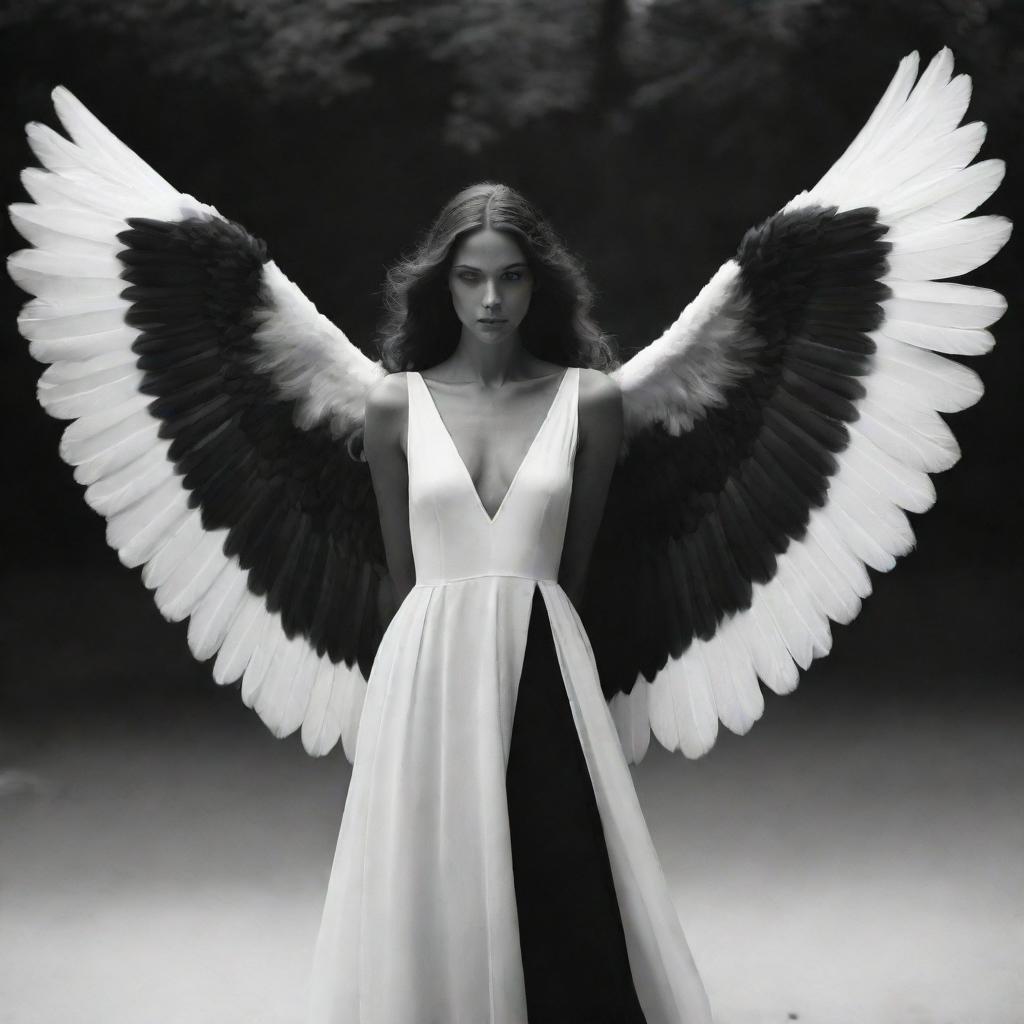 A mysterious, shaded angel with majestic black and white wings