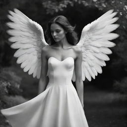 A mysterious, shaded angel with majestic black and white wings