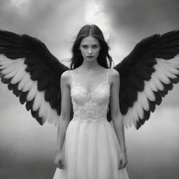 A mysterious, shaded angel with majestic black and white wings