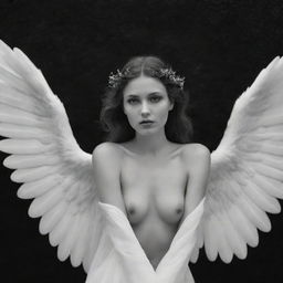 A mysterious, shaded angel with majestic black and white wings